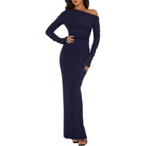 BTFBM One Shoulder Long Sleeve Dress for Women 2025 Bodycon Ruched Night Out Formal Maxi Fall Wedding Guest Dresses(Navy Blue)