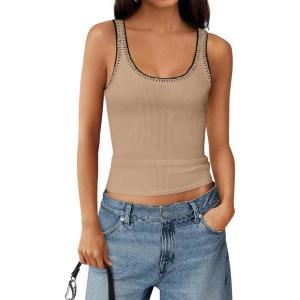 BTFBM Sleeveless Tops for Women 2026 Summer Scoop Neck Tank Stitch Ribbed Knit Sweater Vest Casual Beach Vacation Outfit(Khaki)