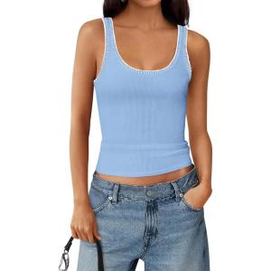 BTFBM Sleeveless Tops for Women 2026 Summer Scoop Neck Tank Stitch Ribbed Knit Sweater Vest Casual Beach Vacation Outfit(Light Blue)
