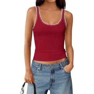 BTFBM Sleeveless Tops for Women 2026 Summer Scoop Neck Tank Stitch Ribbed Knit Sweater Vest Casual Beach Vacation Outfit(Red)