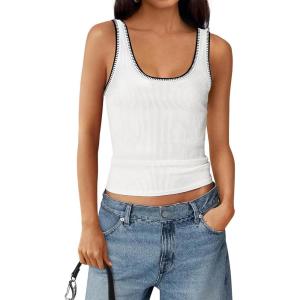 BTFBM Sleeveless Tops for Women 2026 Summer Scoop Neck Tank Stitch Ribbed Knit Sweater Vest Casual Beach Vacation Outfit(White)