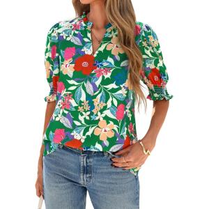 BTFBM Summer Blouses for Women Dressy Casual 2026 Fashion Spring Tops Floral Boho V Neck Puff Short Sleeve Top Shirts(Floral Green Multi)