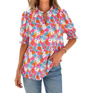 BTFBM Summer Blouses for Women Dressy Casual 2026 Fashion Spring Tops Floral Boho V Neck Puff Short Sleeve Top Shirts(Floral Light Blue Multi)