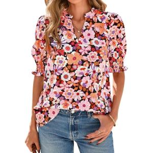 BTFBM Summer Blouses for Women Dressy Casual 2026 Fashion Spring Tops Floral Boho V Neck Puff Short Sleeve Top Shirts(Floral Orange Pink)