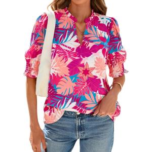 BTFBM Summer Blouses for Women Dressy Casual 2026 Fashion Spring Tops Floral Boho V Neck Puff Short Sleeve Top Shirts(Floral Pink)