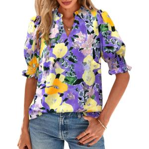 BTFBM Summer Blouses for Women Dressy Casual 2026 Fashion Spring Tops Floral Boho V Neck Puff Short Sleeve Top Shirts(Floral Purple Yellow)