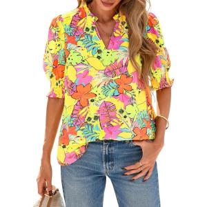 BTFBM Summer Blouses for Women Dressy Casual 2026 Fashion Spring Tops Floral Boho V Neck Puff Short Sleeve Top Shirts(Floral Yellow Pink)