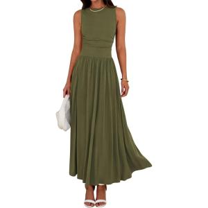 BTFBM Summer Maxi Dresses for Women 2026 Spring Sleeveless Casual Ruched High Waisted Long Sundress Flowy Beach Dress(Army Green)