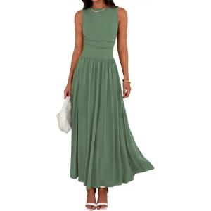 BTFBM Summer Maxi Dresses for Women 2026 Spring Sleeveless Casual Ruched High Waisted Long Sundress Flowy Beach Dress(Bean Green)
