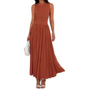 BTFBM Summer Maxi Dresses for Women 2026 Spring Sleeveless Casual Ruched High Waisted Long Sundress Flowy Beach Dress(Brick Red)