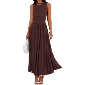 BTFBM Summer Maxi Dresses for Women 2026 Spring Sleeveless Casual Ruched High Waisted Long Sundress Flowy Beach Dress(Coffee)