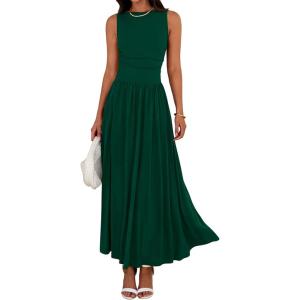 BTFBM Summer Maxi Dresses for Women 2026 Spring Sleeveless Casual Ruched High Waisted Long Sundress Flowy Beach Dress(Dark Green)
