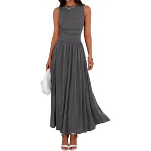 BTFBM Summer Maxi Dresses for Women 2026 Spring Sleeveless Casual Ruched High Waisted Long Sundress Flowy Beach Dress(Dark Grey)
