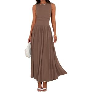 BTFBM Summer Maxi Dresses for Women 2026 Spring Sleeveless Casual Ruched High Waisted Long Sundress Flowy Beach Dress(Khaki)