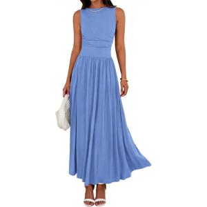 BTFBM Summer Maxi Dresses for Women 2026 Spring Sleeveless Casual Ruched High Waisted Long Sundress Flowy Beach Dress(Light Blue)