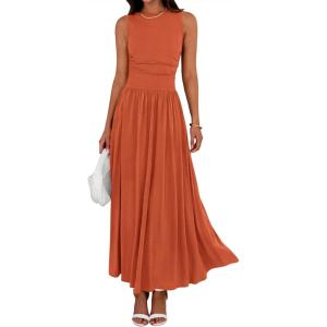BTFBM Summer Maxi Dresses for Women 2026 Spring Sleeveless Casual Ruched High Waisted Long Sundress Flowy Beach Dress(Orange)