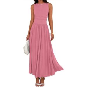 BTFBM Summer Maxi Dresses for Women 2026 Spring Sleeveless Casual Ruched High Waisted Long Sundress Flowy Beach Dress(Pink)