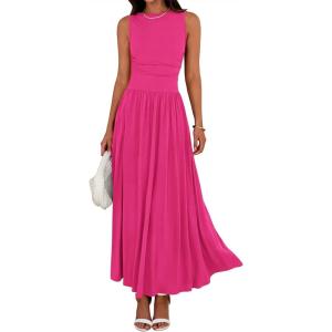 BTFBM Summer Maxi Dresses for Women 2026 Spring Sleeveless Casual Ruched High Waisted Long Sundress Flowy Beach Dress(Rose Red)