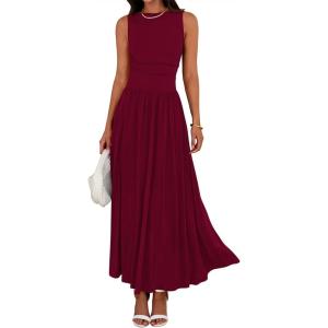 BTFBM Summer Maxi Dresses for Women 2026 Spring Sleeveless Casual Ruched High Waisted Long Sundress Flowy Beach Dress(Wine Red)