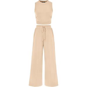 BTFBM Summer Outfits For Women 2026 Cropped Sleeveless Tank Tops Wide Leg Pants 2 Piece Sets Beach Lounge Set Clothing(Apricot)
