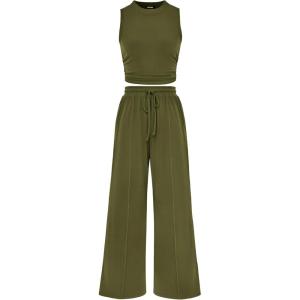 BTFBM Summer Outfits For Women 2026 Cropped Sleeveless Tank Tops Wide Leg Pants 2 Piece Sets Beach Lounge Set Clothing(Army Green)