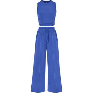 BTFBM Summer Outfits For Women 2026 Cropped Sleeveless Tank Tops Wide Leg Pants 2 Piece Sets Beach Lounge Set Clothing(Blue)
