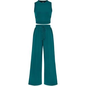 BTFBM Summer Outfits For Women 2026 Cropped Sleeveless Tank Tops Wide Leg Pants 2 Piece Sets Beach Lounge Set Clothing(Blue Green)
