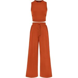 BTFBM Summer Outfits For Women 2026 Cropped Sleeveless Tank Tops Wide Leg Pants 2 Piece Sets Beach Lounge Set Clothing(Brick Red)