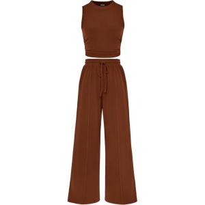 BTFBM Summer Outfits For Women 2026 Cropped Sleeveless Tank Tops Wide Leg Pants 2 Piece Sets Beach Lounge Set Clothing(Brown)