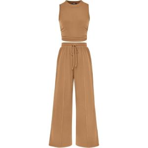 BTFBM Summer Outfits For Women 2026 Cropped Sleeveless Tank Tops Wide Leg Pants 2 Piece Sets Beach Lounge Set Clothing(Camel)