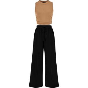 BTFBM Summer Outfits For Women 2026 Cropped Sleeveless Tank Tops Wide Leg Pants 2 Piece Sets Beach Lounge Set Clothing(Camel Black)