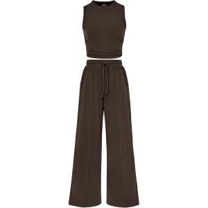 BTFBM Summer Outfits For Women 2026 Cropped Sleeveless Tank Tops Wide Leg Pants 2 Piece Sets Beach Lounge Set Clothing(Coffee)