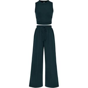 BTFBM Summer Outfits For Women 2026 Cropped Sleeveless Tank Tops Wide Leg Pants 2 Piece Sets Beach Lounge Set Clothing(Deep Green)