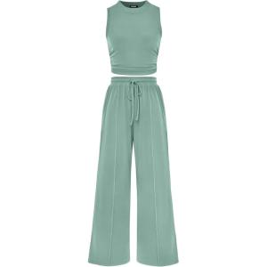 BTFBM Summer Outfits For Women 2026 Cropped Sleeveless Tank Tops Wide Leg Pants 2 Piece Sets Beach Lounge Set Clothing(Fruit Green)