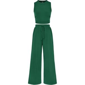 BTFBM Summer Outfits For Women 2026 Cropped Sleeveless Tank Tops Wide Leg Pants 2 Piece Sets Beach Lounge Set Clothing(Green)