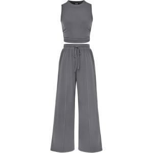 BTFBM Summer Outfits For Women 2026 Cropped Sleeveless Tank Tops Wide Leg Pants 2 Piece Sets Beach Lounge Set Clothing(Grey)