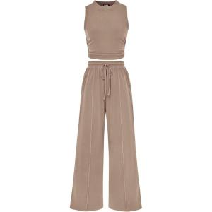 BTFBM Summer Outfits For Women 2026 Cropped Sleeveless Tank Tops Wide Leg Pants 2 Piece Sets Beach Lounge Set Clothing(Khaki)