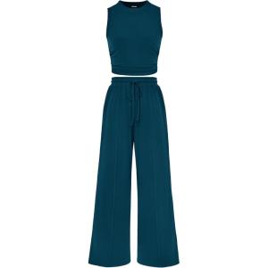 BTFBM Summer Outfits For Women 2026 Cropped Sleeveless Tank Tops Wide Leg Pants 2 Piece Sets Beach Lounge Set Clothing(Lake Blue)