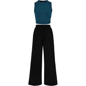 BTFBM Summer Outfits For Women 2026 Cropped Sleeveless Tank Tops Wide Leg Pants 2 Piece Sets Beach Lounge Set Clothing(Lake Blue Black)