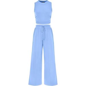 BTFBM Summer Outfits For Women 2026 Cropped Sleeveless Tank Tops Wide Leg Pants 2 Piece Sets Beach Lounge Set Clothing(Light Blue)