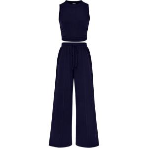 BTFBM Summer Outfits For Women 2026 Cropped Sleeveless Tank Tops Wide Leg Pants 2 Piece Sets Beach Lounge Set Clothing(Navy)