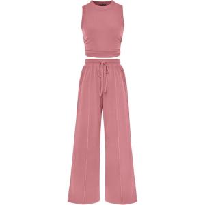 BTFBM Summer Outfits For Women 2026 Cropped Sleeveless Tank Tops Wide Leg Pants 2 Piece Sets Beach Lounge Set Clothing(Pink)