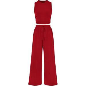 BTFBM Summer Outfits For Women 2026 Cropped Sleeveless Tank Tops Wide Leg Pants 2 Piece Sets Beach Lounge Set Clothing(Red)