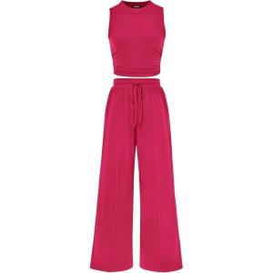 BTFBM Summer Outfits For Women 2026 Cropped Sleeveless Tank Tops Wide Leg Pants 2 Piece Sets Beach Lounge Set Clothing(Rose Red)