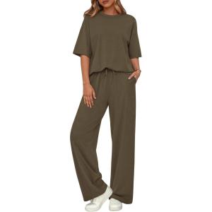 BTFBM Summer Outfits For Women 2026 Two Piece Sets Casual Short Sleeve Spring Tops Wide Leg Pants Matching Lounge Set(Army Green)