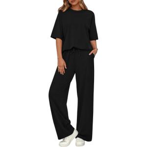 BTFBM Summer Outfits For Women 2026 Two Piece Sets Casual Short Sleeve Spring Tops Wide Leg Pants Matching Lounge Set(Black)