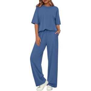 BTFBM Summer Outfits For Women 2026 Two Piece Sets Casual Short Sleeve Spring Tops Wide Leg Pants Matching Lounge Set(Blue)