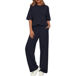 BTFBM Summer Outfits For Women 2026 Two Piece Sets Casual Short Sleeve Spring Tops Wide Leg Pants Matching Lounge Set(Navy)
