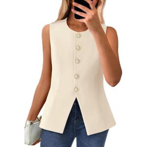 BTFBM Summer Sleeveless Blazer Vest For Women Dressy Button Down Round Neck Business Casual Outfits Work Suit Vests Tops(Apricot)