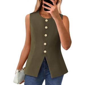 BTFBM Summer Sleeveless Blazer Vest For Women Dressy Button Down Round Neck Business Casual Outfits Work Suit Vests Tops(Army Green)